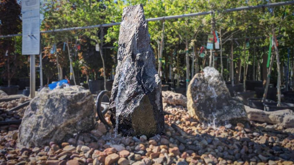 Rock Fountains in front of a line of trees.